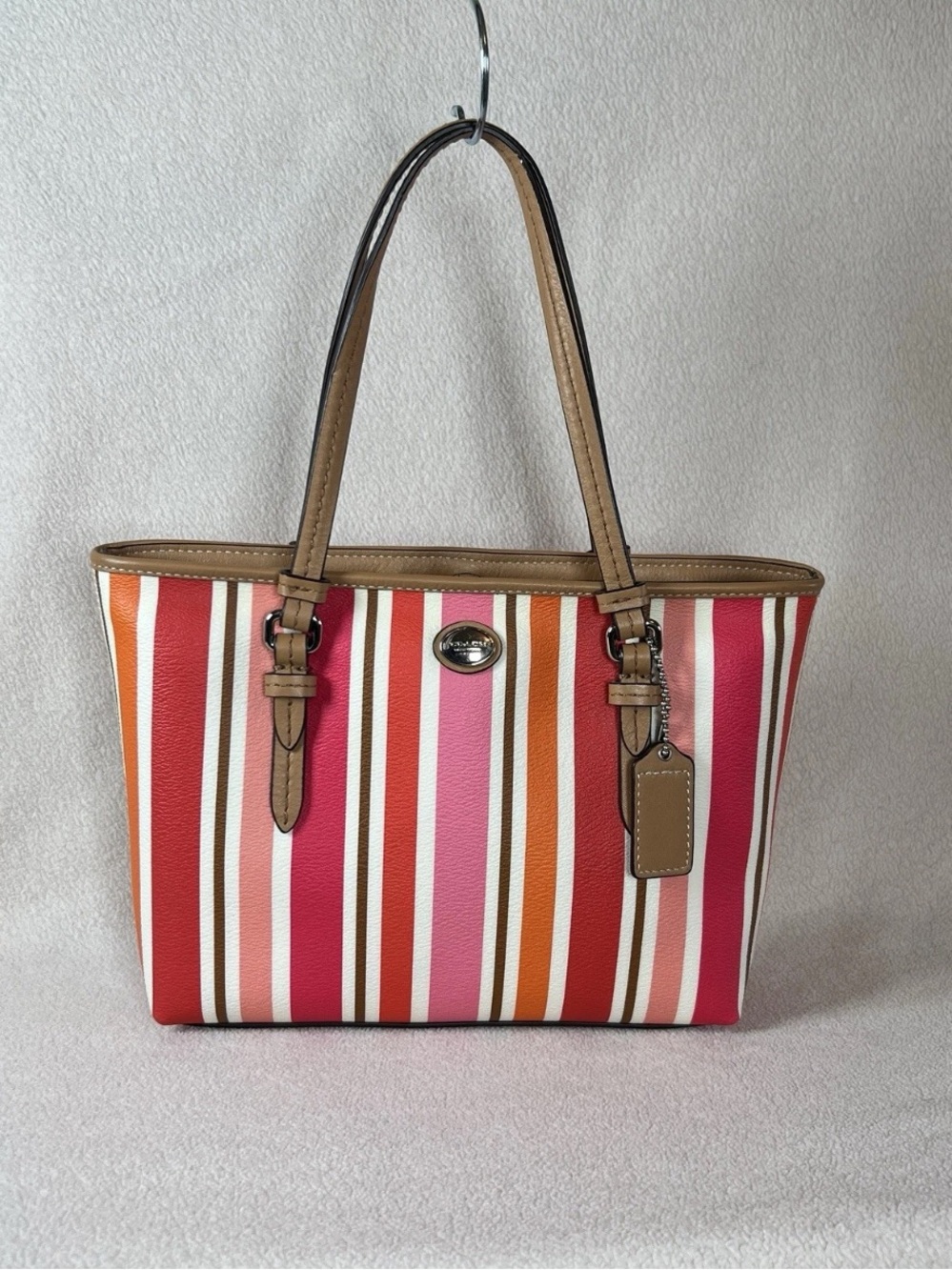 Coach Mini Tote Bag Multicolor Stripe Canvas Leather Trim Handbag